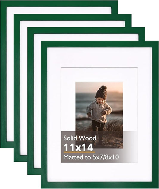 KINLINK 11x14 Picture Frame Green, Solid Wood Frames with Acrylic Plexiglass for Pictures 5x7/8x10 with Mat or 11x14 without Mat, Tabletop and Wall Mounting Display, Set of 4