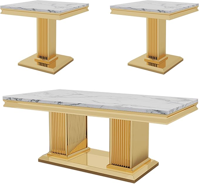 Luxury Living Room Coffee Table Set of 3, Marble Coffee Table and 2 End Side Tables, 3 Piece Living Room Table Set with Stainless Steel Base for Living Room, White Gold