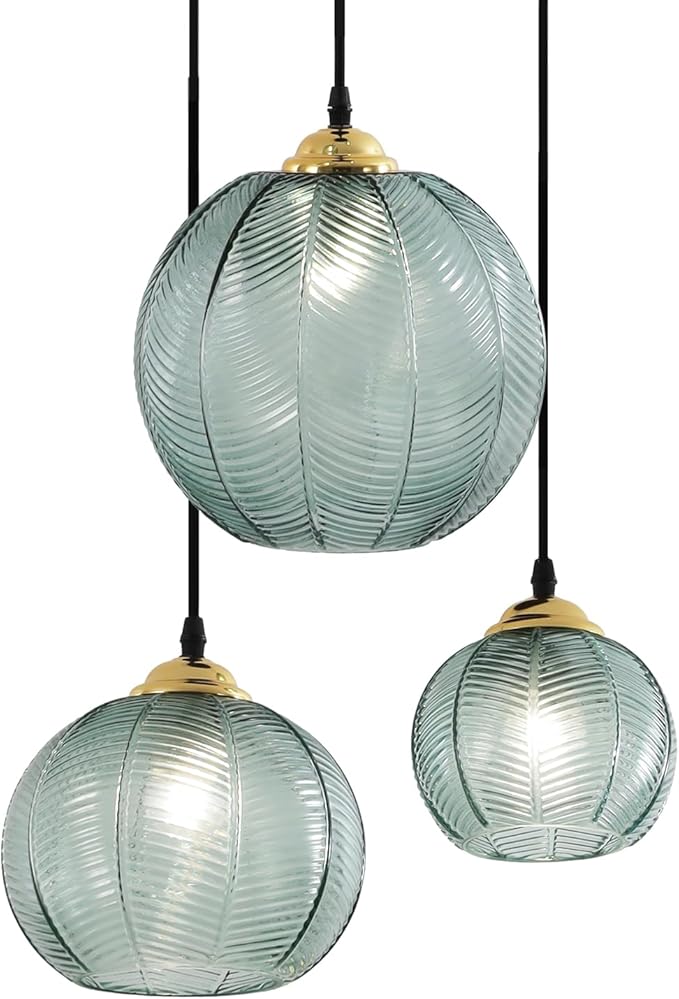 KCO Lighting Vintage Green Glass Chandelier 3 Light Pendant Light Fixtures Farmhouse Striped Glass Pendant Light Gold and Black Hanging Lights Multi Light Cluster Pendant Lighting