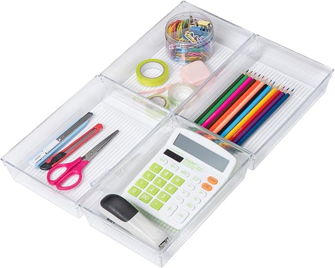 Backerysupply Clear Plastic Drawer Organizer Tray for Vanity Cabinet (9"×6"×2" Set of 4) For Office Bathroom Makeup Drawers