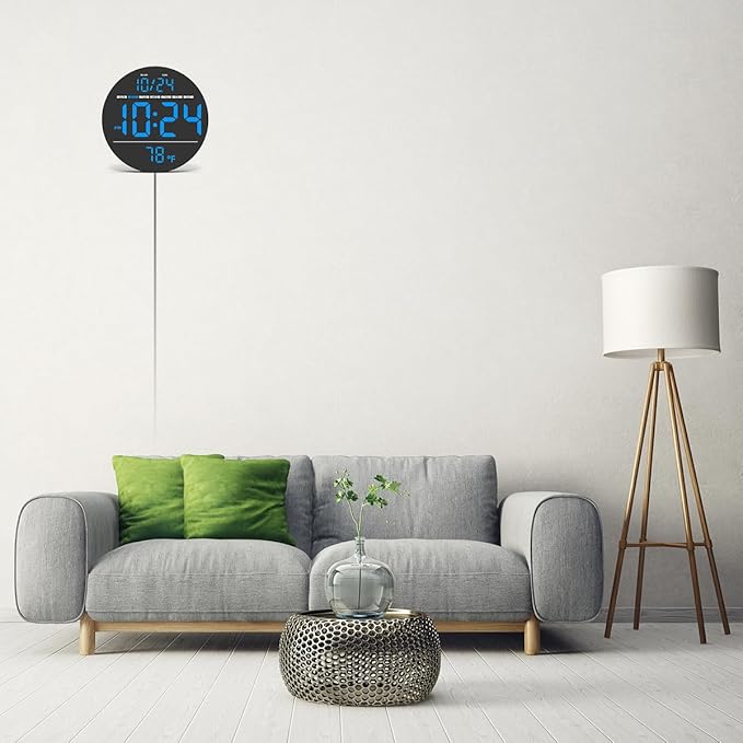 Digital Wall Clock with Large LED Display, Date, Temperature, Auto-Brightness | Small [PLUG-IN] Clock | Modern Electric Wall Clock for Bedroom, Classroom, Living Room, Home, Office, Farmhouse - Blue