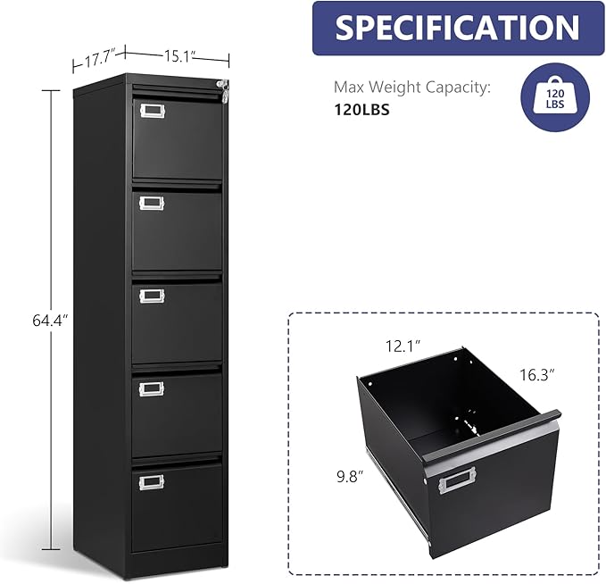 5 Drawer File Cabinet with Lock, Metal Filing Cabinets, 5-Vertical Filing Cabinet,Steel Lockable Storage Cabinets for Home Office to Organization Hanging Letter/Legal/F4/A4