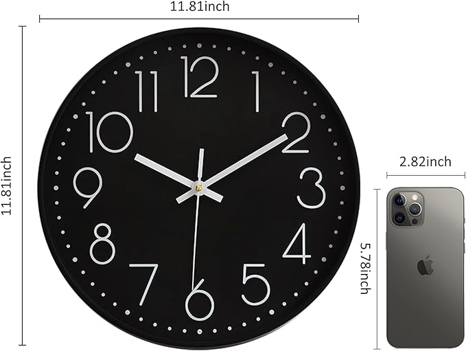 Kitchen Wall Clocks Vintage Style Non-Ticking Wall Clock Battery Operated Quartz Analog Silent Movement Large Decorative Clock Arabic Numerical for Home Office Decor 12 Inch - Black 2