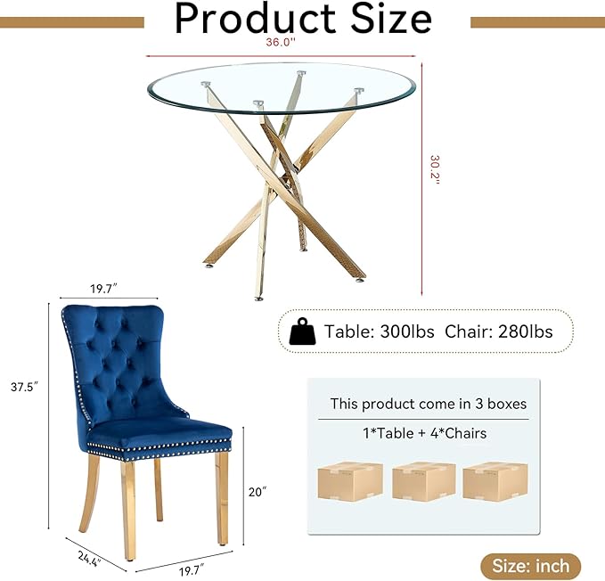 Goujxcy 5 Piece Round Glass Dining Table Set for 4, 36" Round Dining Table & Chair Set Modern Circle Glass Kitchen Table and 4 Velvet Upholstered Chairs for Kitchen Dining (Gold Table & Blue Chair)