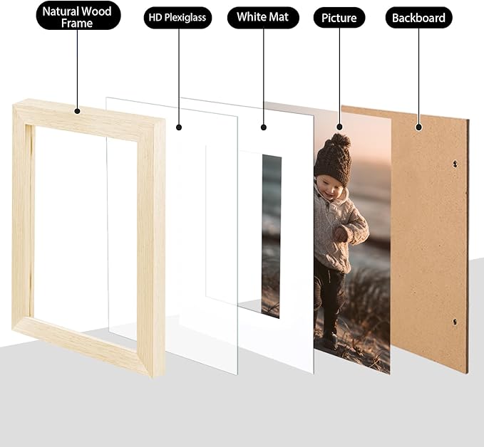 KINLINK A5 Picture Frame, White Oak Solid Wood Frames with Acrylic Plexiglass for Pictures 4x6 with Mat or A5 without Mat, Tabletop and Wall Mounting Display 4 Pack
