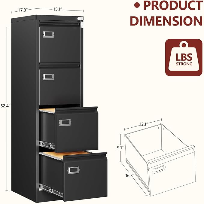 4 Drawer File Cabinet with Lock,Vertical Filing Cabinet for Home Office,Metal File Cabinets with Lock,Storage Files for A4/ Legal/Letter, Require Assembly, (Black)