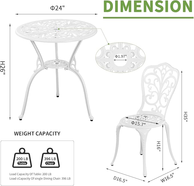 3 Piece Patio Set Outdoor Cast Aluminum Patio Bistro Table and Chairs Set of 2,All Weather Outdoor Bistro Sets with 1.97" Umbrella Hole for Front Porch Set,Garden(White)