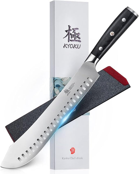 KYOKU 10" Bullnose Butcher Knife, Samurai Series Butcher Knife for Meat Cutting Chopping with Pakkawood Handle, Japanese High Carbon Steel Kitchen Knife for Professional Chef & Cook with Sheath & Case
