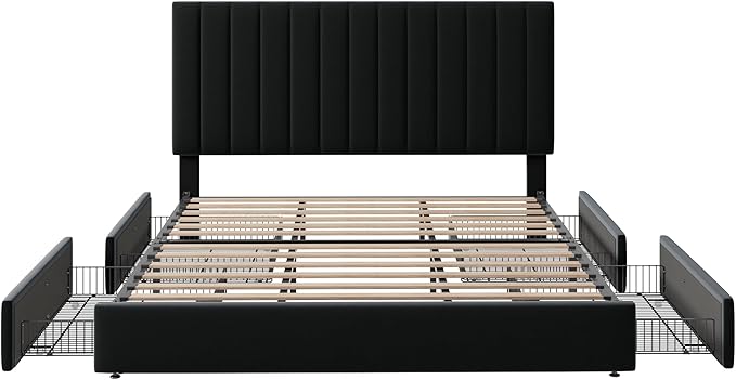 Allewie King Size Storage Bed Frame, Vertical Channel Tufted Adjustable Headboard, Velvet Upholstered Platform Bed with 4 Oversized Underbed Drawers, Wooden Slats Support, No Box Spring Needed, Black