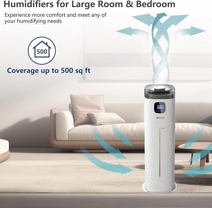 Large Humidifier for Bedroom, 9L/2.5Gal Ultrasonic Cool Mist, Easy Clean with 350ML/H Large Mist Speed, Remote control, Quiet Tower, Suitable for Kids Room Plant Yoga Study Room Office (White)