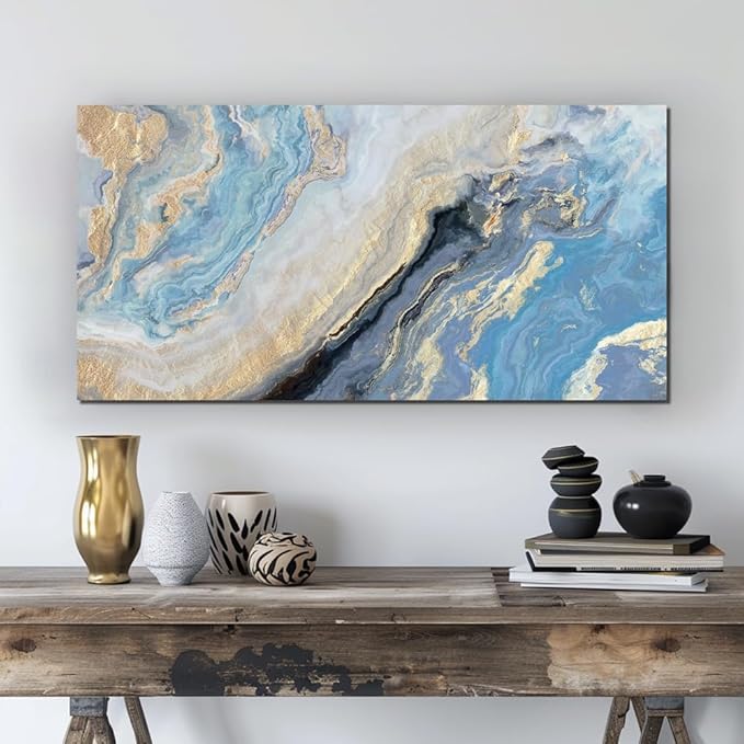 Abstract Canvas Wall Art Decor for Living Room Blue Gold Marbling Pictures Painting for Bedroom Modern Abstract Canvas Art Ptints for Office Home Decorations (24x48inches)