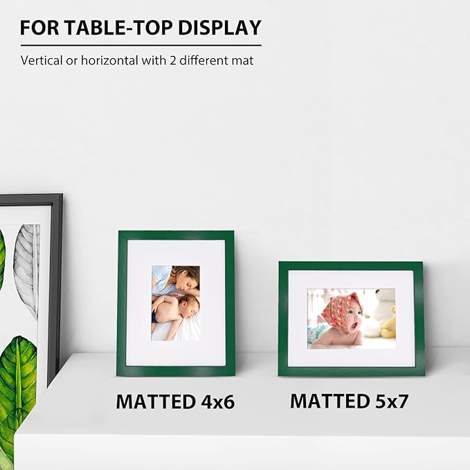 KINLINK 8x10 Picture Frame Green, Solid Wood Frames with Acrylic Plexiglass for Pictures 4x6/5x7 with Mat or 8x10 without Mat, Tabletop and Wall Display Photo Frame, Set of 4