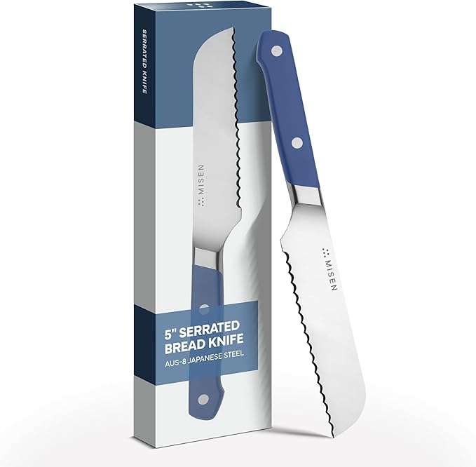 Misen Serrated Bread Knife – High-Carbon Japanese AUS8 Steel – Effortless Slicing of Bread, Pastries, and Fruits – Razor-Sharp Edge and Durable Blade with Ergonomic Handle - 5", Blue