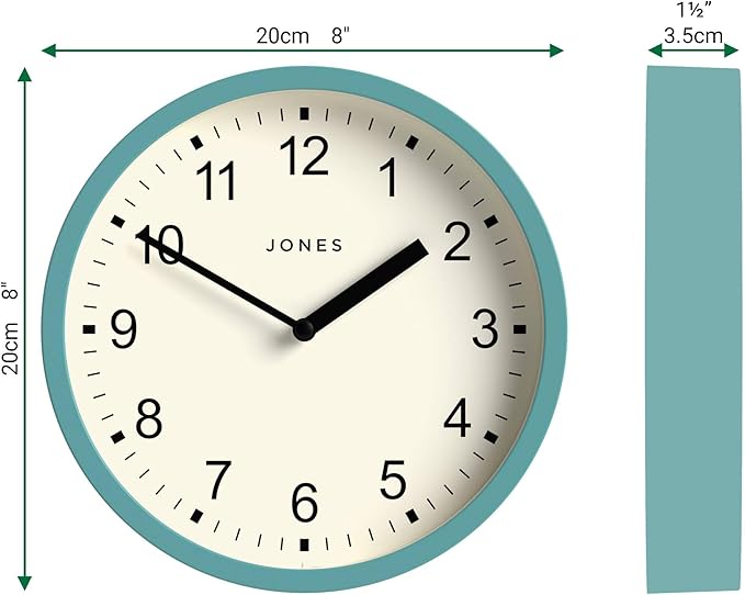 JONES CLOCKS® Spin Wall Clock | Small Modern Round Clock | 8inch | Teal Blue | Easy to Read Numbers | Ideal for Kitchen, Office, Children’s Room or Any Small Space