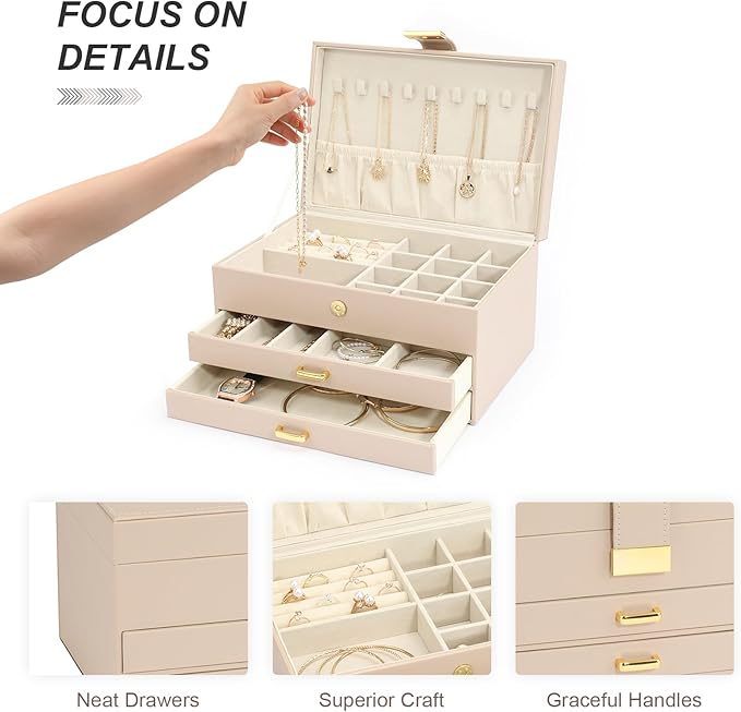 Jewelry Box, 3-Tier with 2 Drawers, Beige, Modern, Women's Jewelry Organizer