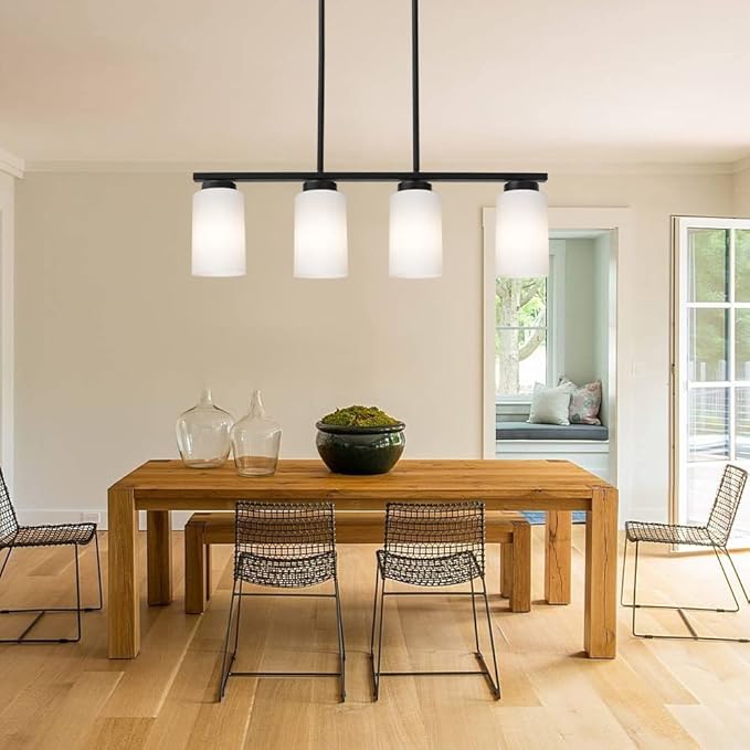 Farmhouse Dining Room Pendant Light Fixtures in Black Finish, 4-Lights Island Lighting with Opal White Glass Shades for Kitchen