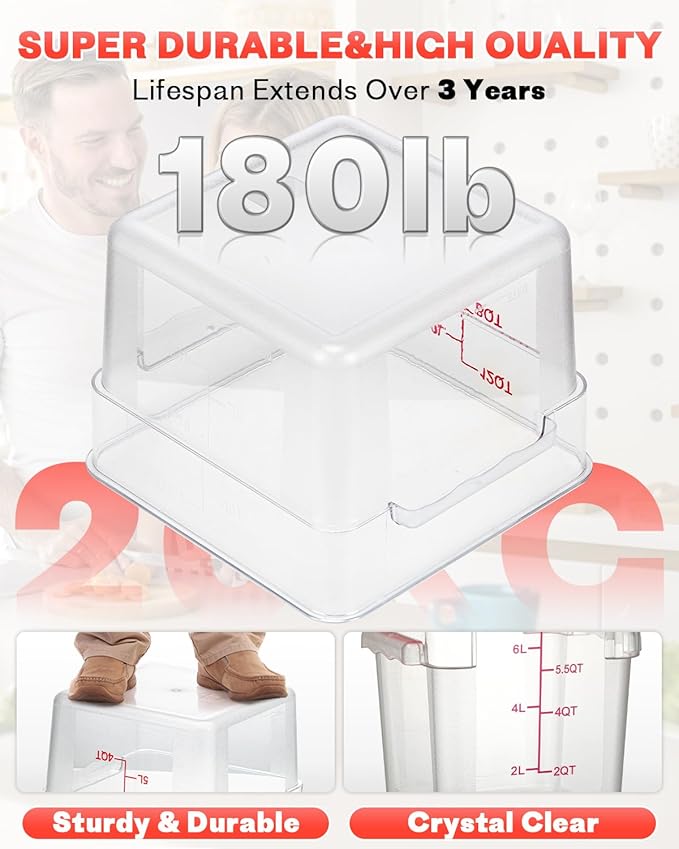 2QT&4QT NSF Food Storage Containers: 8 PCS[Food Grade] [Hot&Cold Resistant] Commercial Clear Square Food Storage Containers with Scales Handles for Home Restaurant Kitchen(BPA FREE)