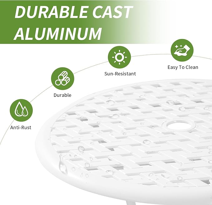 Patio Bistro Set 3 Piece with Umbrella Hole, Outdoor Bistro Table and Chairs Set of 2, Patio Bistro Set 3 Piece White, Cast Aluminum Furniture for Park Yard Front Porch