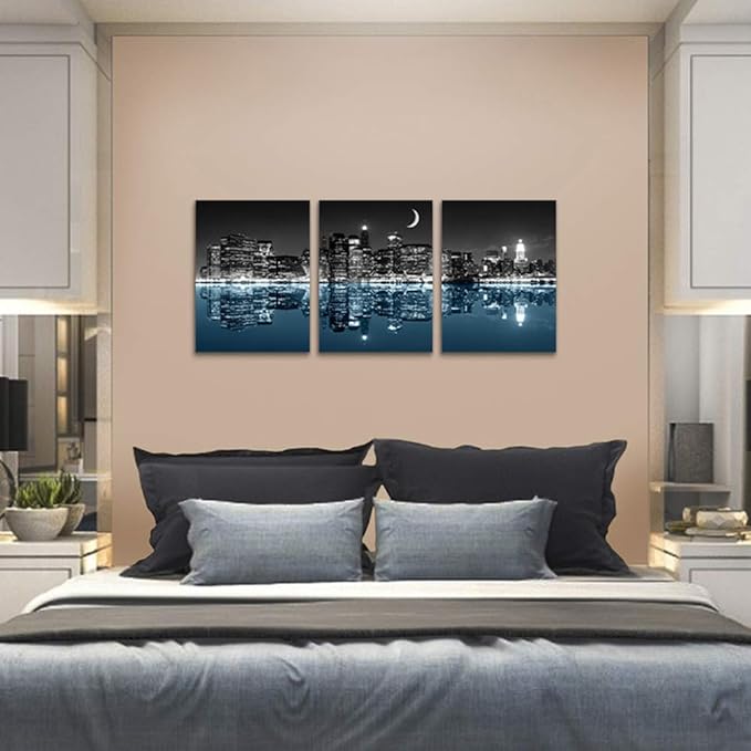 Wall Decor For Living Room Canvas Wall Art For Bedroom Black And White City Luminous Paintings Modern 3 Piece Framed Room Canvas Art Prints Ready To Hang Office Pictures For Home Decoration Artwork