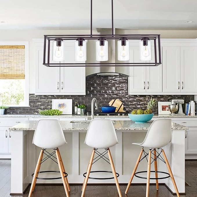 VINLUZ 5-Light Kitchen Island Chandeliers Oil Rubbed Bronze Modern Linear Cage Pendant Lighting with Clear Glass Shades Farmhouse Ceiling Light Fixtures Hanging for Dining Room Living Room