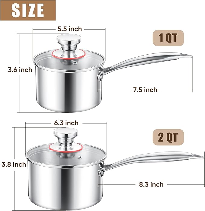 E-far Stainless Steel Saucepan Set - 1Qt & 2 Qt, Triply Sauce Pan Pot with Lid for Cooking Pasta Warming Milk Boiling Water, Small Metal Cookware for Kitchen, Induction Ready & Heavy Duty
