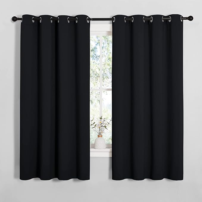 NICETOWN Bathroom Blackout Curtains and Drapes, 2 Panels, 55 inches Wide by 57 inches Long, Black Solid Thermal Insulated Grommet Blackout Drapery Panels for Window
