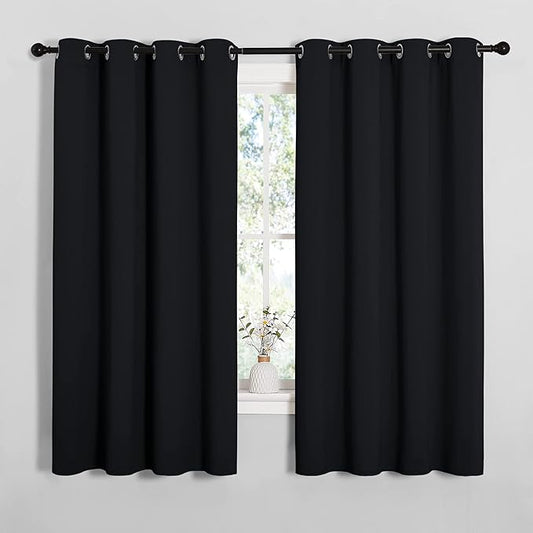 NICETOWN Bathroom Blackout Curtains and Drapes, 2 Panels, 55 inches Wide by 57 inches Long, Black Solid Thermal Insulated Grommet Blackout Drapery Panels for Window