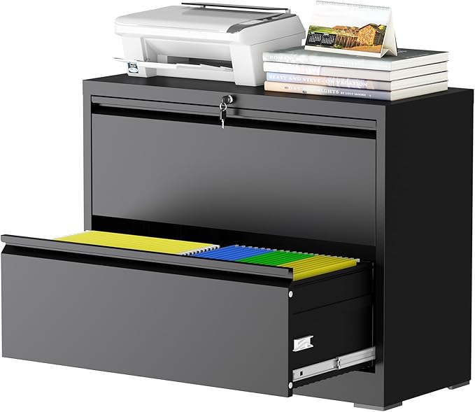2 Drawer Lateral File Cabinet with Lock, Metal File Cabinets for Home Office, Steel Heavy-Duty Filing Storage Cabinet for Letters/Legal/A4 (Require Assembly, Black)