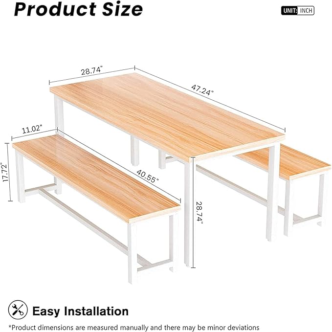 Dining Room Table Set with 2 Benches, Farmhouse Dining Table Set for 4-6, Wood Breakfast Table Set Dinner Table Set Kitchen Table and Chairs for Breakfast Nook Small Spaces, Beige