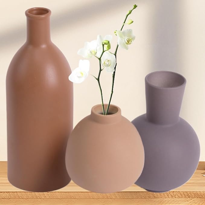 Ceramic Vase Set of 3, Rustic Modern Brown Vases for Bouquet, Fresh or Dried Plants, Home Decor-Modern Decorative Ceramic Flowers Vase for Rustic Home Decor (Brown- Grey)