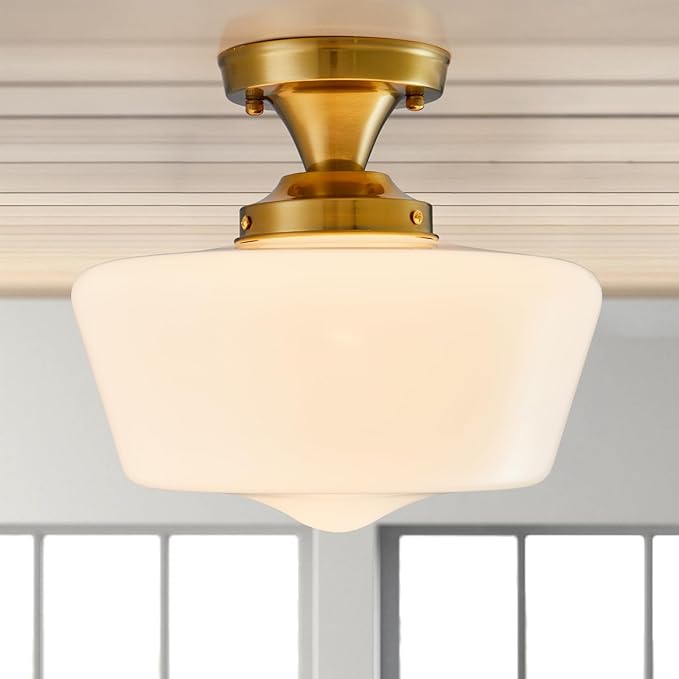 Schoolhouse Light Fixture Modern Gold Ceiling Light,Semi Flush Mount Ceiling Light,12''Wide Opal Milk Glass Shade,Brass Vintage Light for Farmhouse Bedroom Kitchen Hallway Entryway