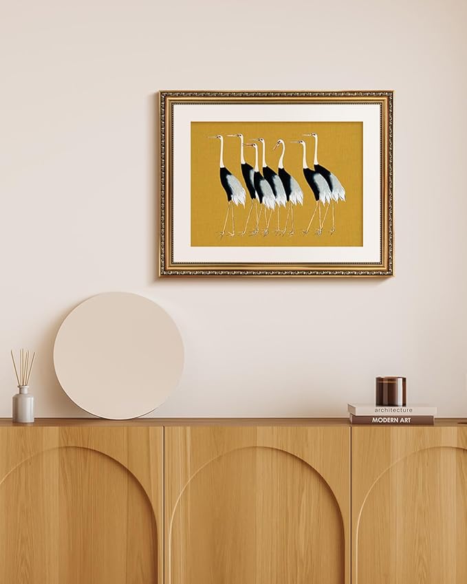 VIYYIEA Gold Framed Wall Art Canvas Print Home Decor, Vintage Cranes Wall Art for Living Room, Vintage Animal Oil Painting Picture, Print Framed Home Decor, Bathroom Wall Decor Seven Cranes 16x20in