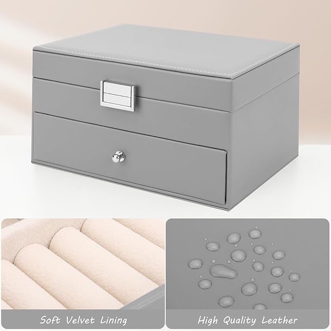 DesignSter Jewelry Organizer Box, 2 Layers Large Jewelry Box with Travel Jewelry Case, Leather Jewelry Storage Case for Rings Earrings Bracelets Necklaces (Gray)