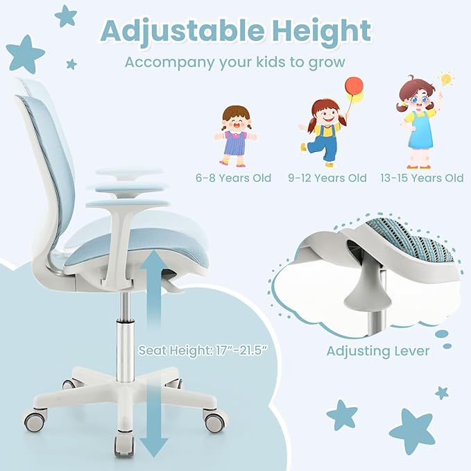 Costzon Kids Desk Chair, Height Adjustable Children Study Computer Chair with Armrests, Sit-Brake Casters, Swivel Mesh Task Chair for Boys Girls Teens Students, Kids Chair for Home, Office, School