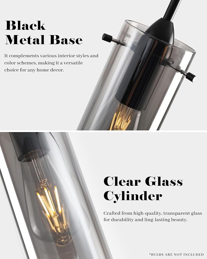 Smoke Gray Glass Pendant Lights Kitchen Island 3 Packs, Kitchen Pendant Lighting Over Island, Modern Hanging Pendant Light, Light Pendants for Kitchen Island, Living Room, Bathroom, Bedroom