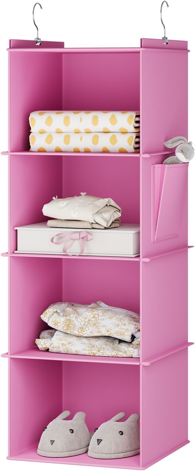 Hanging Closet Organizer, 4-Shelf Closet Hanging Storage Shelves, Light Pink