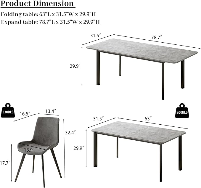 63"- 78.7" Extendable Dining Table Set for 6, Modern Kitchen Table with 6 Dining Chairs for 4-6 Person, Thickened Expandable Wooden Table with Metal Legs for Dining Room, Kitchen