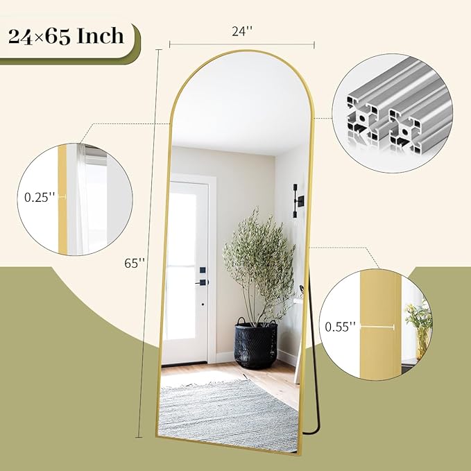 BEAUTYPEAK 65"x24" Arch Floor Mirror, Full Length Mirror Wall Mirrors Hanging or Leaning Arched-Top Full Body Mirror with Stand for Bedroom, Dressing Room, Gold