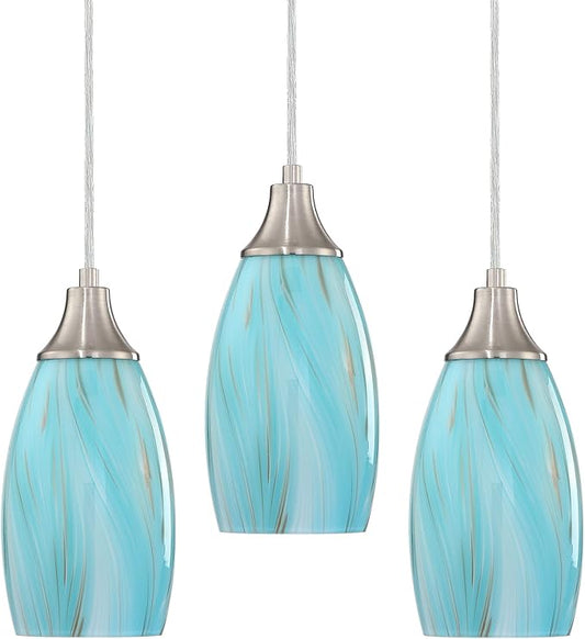 Mini Art Glass Pendant Lights Kitchen Island,Handcrafted Teal with Gold Glass Ceiling Pendant Lighting Brushed Nickel Adjustable Cord Hanging Lamp Cover for Coffe Bar,Dining Room 3pack