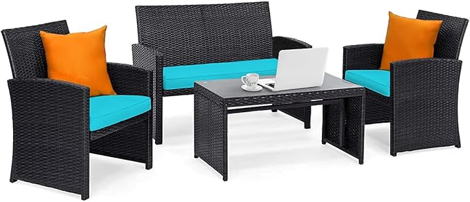 Tangkula 4 Pieces Patio Wicker Conversation Furniture Set, Patiojoy Sofa & Table Set w/4 Seats, Outdoor Rattan Sofa Set for Balcony Backyard, Wicker Chair Set with Tempered Glass Coffee Table