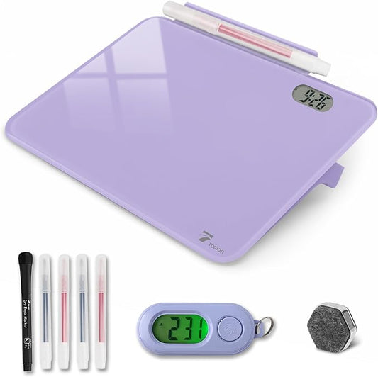 Small Glass Desk Whiteboard Dry-Erase Board with Clock, Small Travel Clock Keychain with Desk Notepad, Time Table Whiteboard for Desk Digital LED Light Display, 8x6 in with Accessories, Purple
