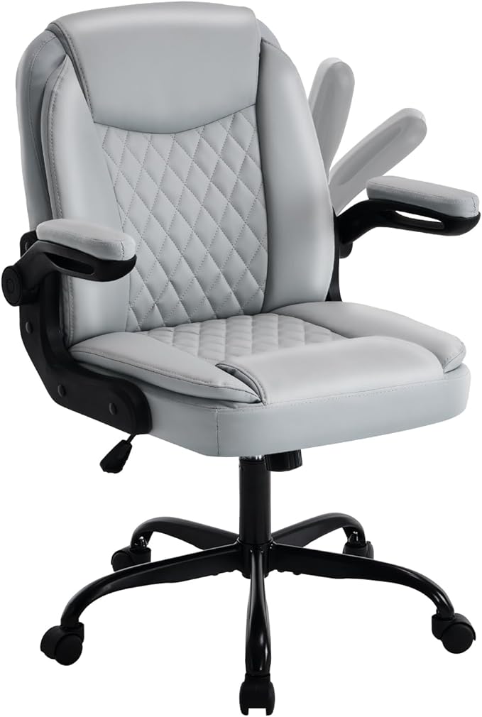 Office Chair, Executive Leather Home Office Desk Chair - Ergonomic Computer Chair with Back & Lumbar Support, 360°Swivel, Adjustable Flip-Up Armrests, Rocking Function Gray