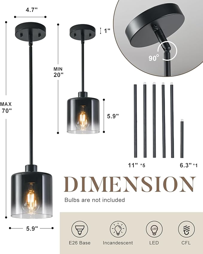 Black Pendant Light Fixtures, Modern Pendant Lights for Kitchen Island with Adjustable Rods, Industrial Glass Pendant Lights for Dining Table Hallway Bedroom Living Room, 1 Pack