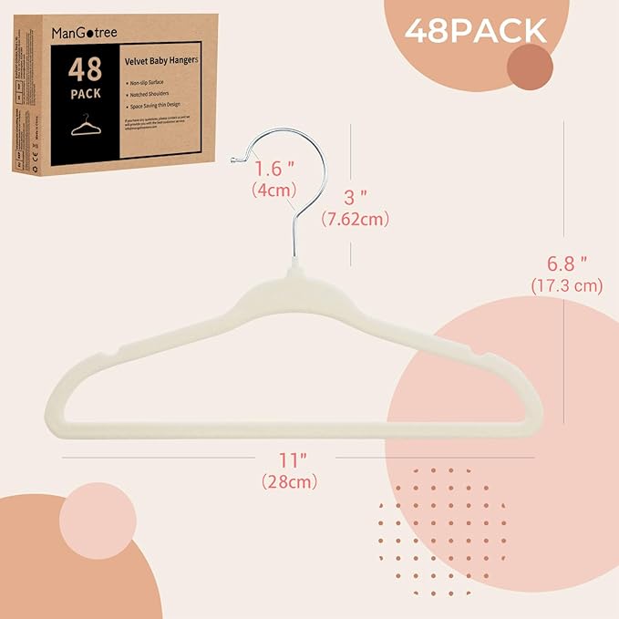 ManGotree 11" Baby Velvet Hangers, Non-Slip Infant Coat Hangers, Ultra-Thin Toddler Felt Hanger with 360° Swivel Hook, Space Saving Children's Hanger for Kids Clothes, 48 Pack (Beige)
