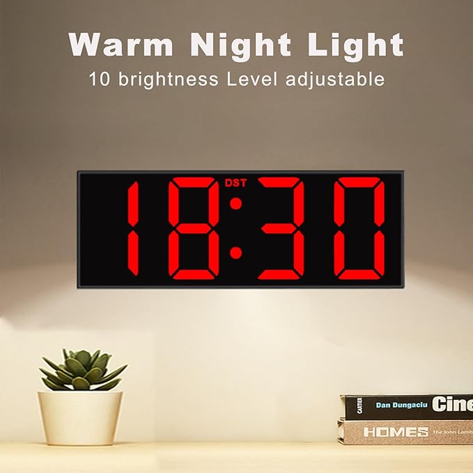 JALL 12'' Large Digital Wall Clock, Big LED Number Dispaly, RGB Colors, DST, Night Light for Classroom Living Room Bedroom Mounted Birthday Xmas Gift for Senior, Mem Womem (Red Font, 12 inches)