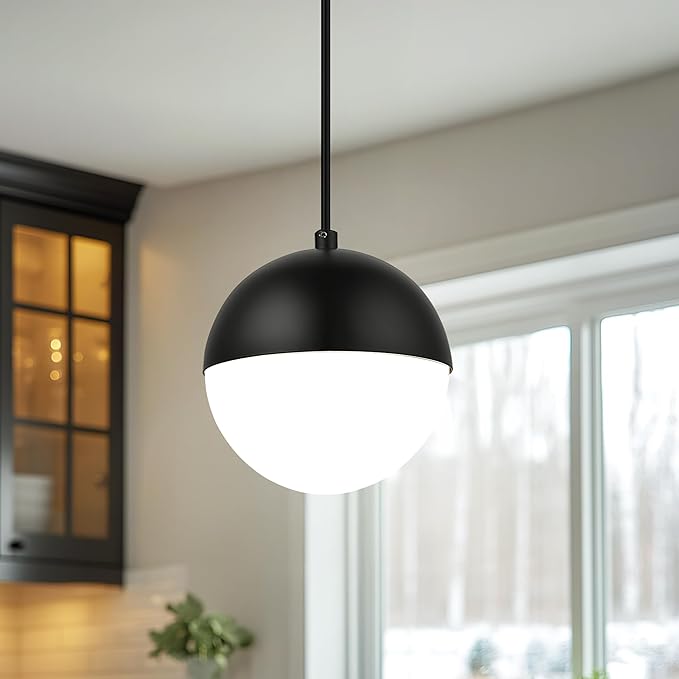 LMS Mid Century Pendant Lights, Matte Black Kitchen Island Light Fixtures with White Globe Glass Shade, Adjustable Hanging Cord, 3 Pack for Home Office Dining Room Bathroom, LMS-186PL-BKWS3PK