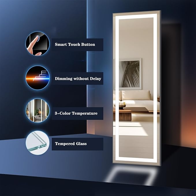 66x22 Frameless Full Length Mirror, Dimmable 3 Color LED Light w/Memory Function, Distortion Free, HD Reflection & Anti Desilvering, Tempered Glass & Shatter Proof Film Doubling Safety