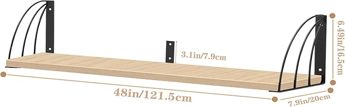 Long 48 Inch Oak Wall Bookshelf- Curved Fan-Shaped Design with Built-in Anti-Slip Book Stops|0.71" Thicker Heavy Duty White Oak Floating Shelves|Floating Book Shelf for Wall,Home Décor Set of 2