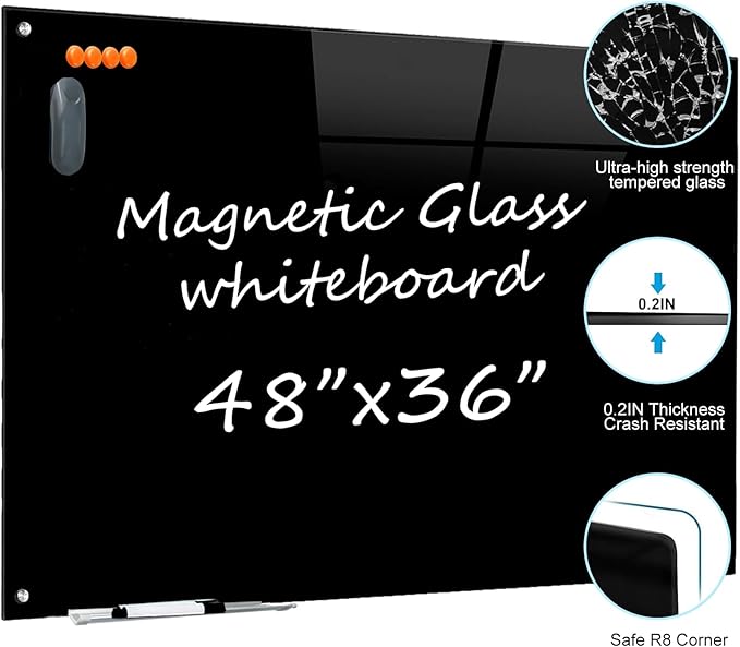Glass Dry Erase Black Board - Magnetic Blackboard 48"X36" Frameless Whiteboard Clear Glass Boards with Super Strong Magnets, Wall Mounted for Office, Classroom and Home