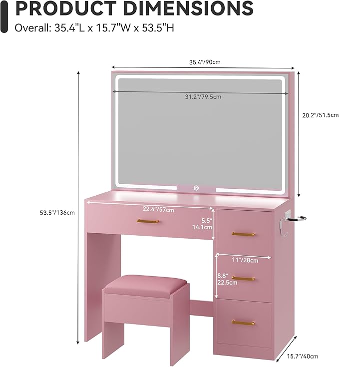 YITAHOME Pink Vanity Desk with LED Mirror: 35 inch Makeup Table with Charging Station, 4 Drawers and Stool, Adjustable Light Dressing Table for Women